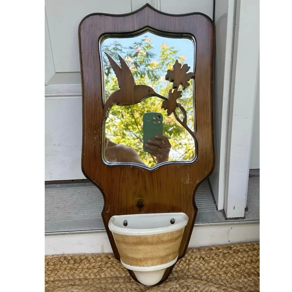 Vintage Wood Wall Caddy Mirror plant holder hummingbird hang retro boho
